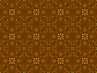 Rich Umber Vines and Golden A Classic and Detailed Ornamental Design Fabric textile back. Ornate textile pattern featuring repeating floral motifs on a rich umber background.