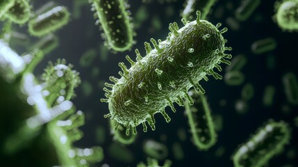 Fototapeta premium Close-up of Green Microorganisms Under Microscope, Illustrating Bacteria and Cellular Structure