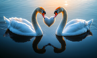 Fototapeta premium Two Swans Forming Heart Shape on Calm Water at Sunset