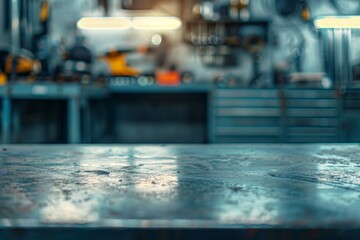 metal blank tabletop with blurred automotive tools and parts in the background suitable for promoting automotive products