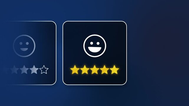 Customer feedback animation, star ratings in motion, client satisfaction level from one to five stars, happy face icons, feedback loop, blue background, rating system.