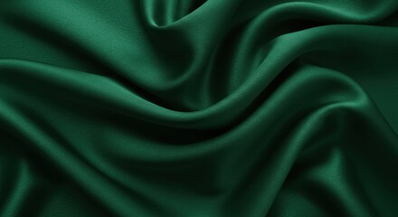 A close-up shot shows folds and ripples in a luxurious, dark green satin fabric