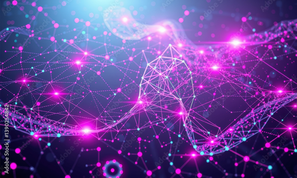 Poster vibrant digital network visualization featuring interconnected nodes and lines shades of pink and pu