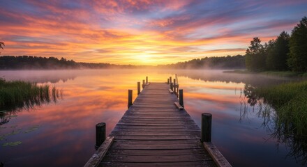 Fototapeta premium A wooden dock extends over a misty lake at sunrise, reflecting the colorful sky