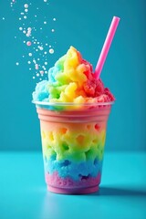 Rainbow shaved ice in plastic cup with pink straw on blue background with water splashes,  plastic cup,  colorful