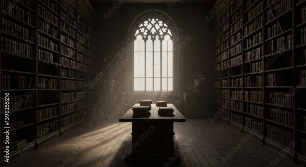 Aufkleber a dimly lit, gothic-style library features tall bookshelves lining the walls and a wooden table with