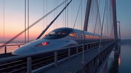 Obraz premium A sleek bullet train speeds across a suspension bridge at dusk