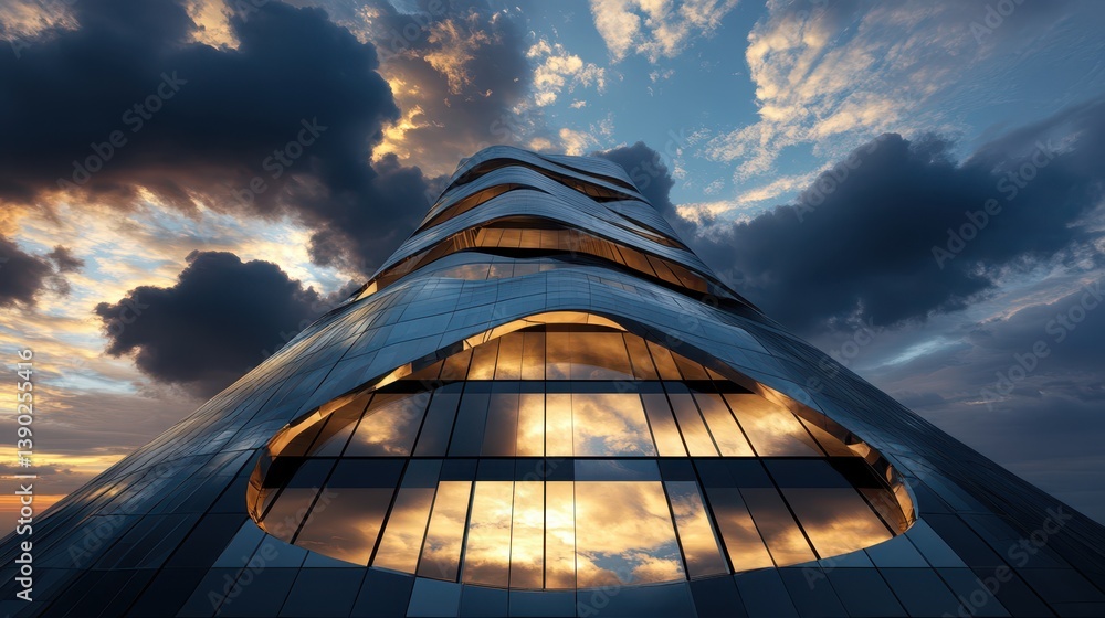 Poster aerial view of a building against a backdrop of clouds and sky.
