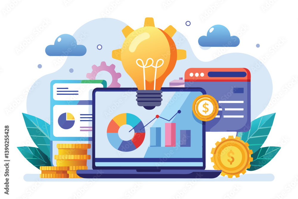 Poster an illustration depicting a laptop screen displaying charts and graphs, a lightbulb representing ide