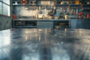 metal blank tabletop with blurred automotive tools and parts in the background suitable for promoting automotive products