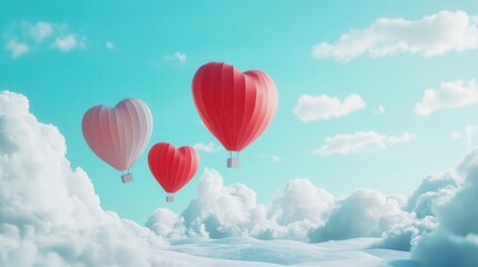 Obraz premium Heart-shaped hot air balloons floating in a blue sky with fluffy clouds