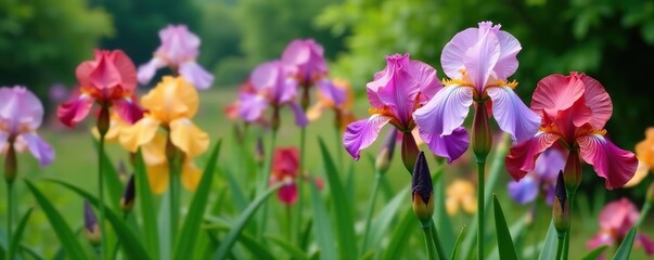 Iris flowers bush with vibrant blooms and lush green leaves,  beauty,  elegant