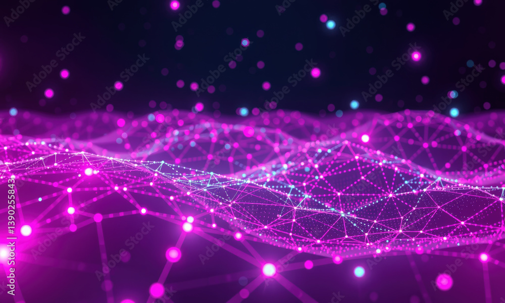 Poster vibrant digital landscape featuring interconnected nodes and lines shades of pink and blue, creating