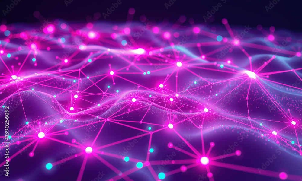 Poster vibrant digital landscape featuring interconnected nodes and flowing lines in shades of pink and blu