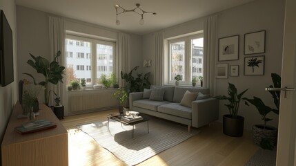 Fototapeta premium Bright and Airy Apartment Interior with Modern Furniture and Natural Light