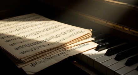 Fototapeta premium A stack of aged sheet music rests on the keys of a piano, partially illuminated by sunlight