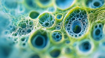 Abstract Image of Colorful Micro Bubbles with Intricate Patterns in Blue and Green Tones