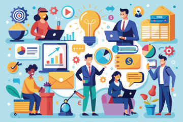 Fototapeta premium Colorful illustration of diverse professionals collaborating on business strategy, surrounded by symbols of ideas, data, and financial success.