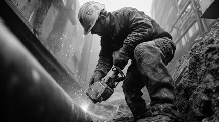An industrial worker cuts a pipe with a sparks generating tool