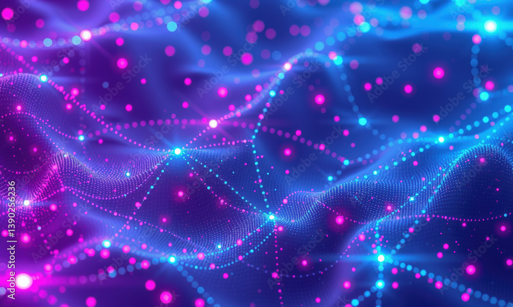 Poster vibrant abstract representation of quantum data visualization, featuring glowing dots and waves in s