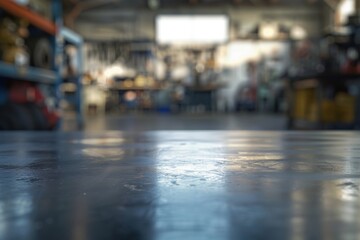 metal blank tabletop with blurred automotive tools and parts in the background suitable for promoting automotive products