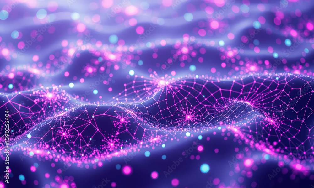 Poster vibrant abstract representation of quantum data visualization, featuring interconnected nodes and gl