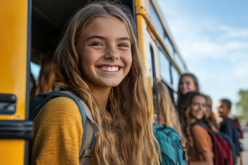 Young girl smiling boarding school bus.
