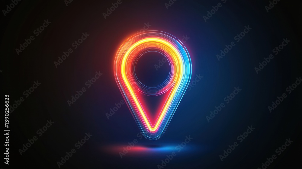 Poster futuristic neon location pin icon on dark background for navigation