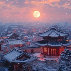 Fototapeta premium Winter's Embrace: A Snowy Korean Village Illuminated by the Gentle Moonlight