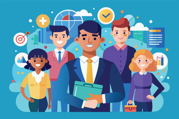A cartoon illustration depicting a diverse team of professionals standing together and smiling. They are all wearing business attire and the leader is holding a clipboard.