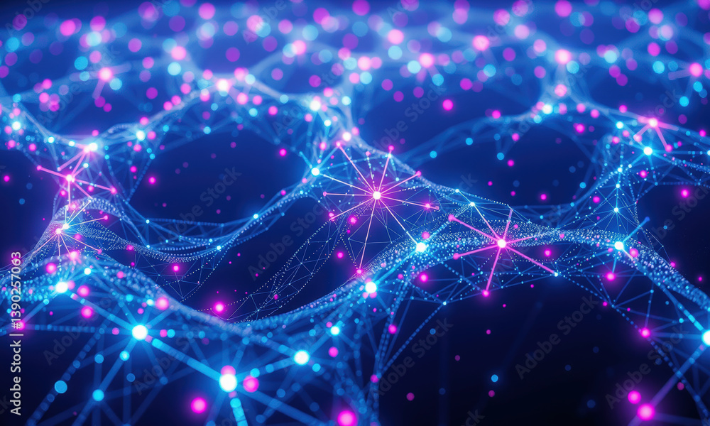 Poster vibrant digital network visualization showcasing interconnected nodes and lines shades of blue and p