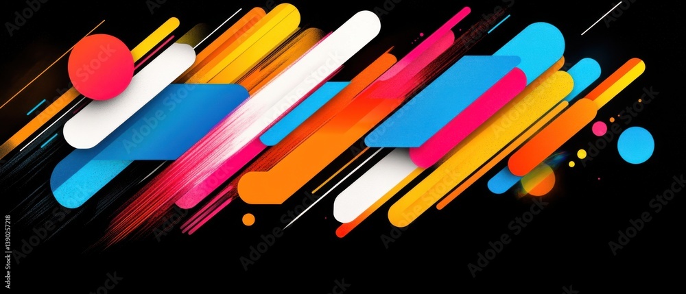 Poster dynamic abstract background with colorful geometric shapes and lines on black backdrop modern graphi
