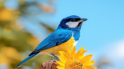 Obraz premium Blue Bird on Sunflower Vibrant Close Up of Bird and Yellow Flower Against Blue Sky