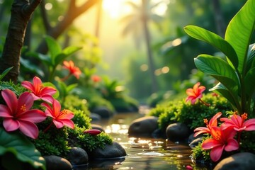 lush tropical garden with vibrant exotic flowers and plants thriving in the warm sunshine,  plants,  lush