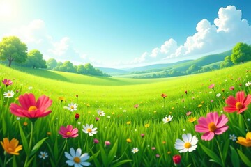 Fototapeta premium Lush green field with colorful flowers under a summer sky, sunny, landscape