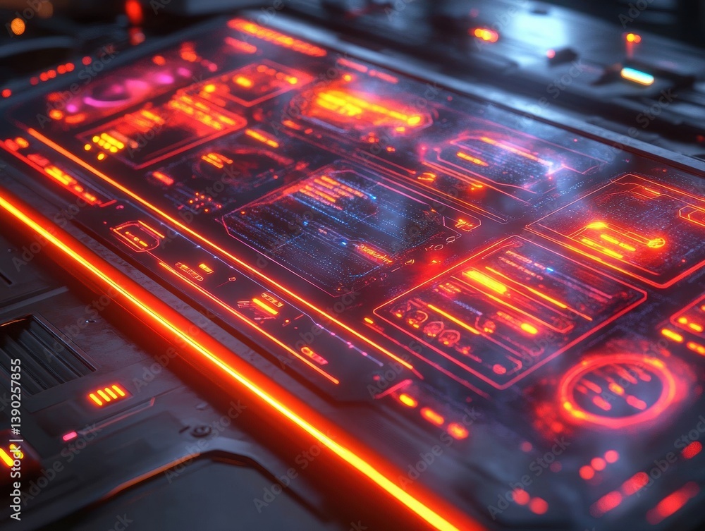 Poster A close-up view of a DJ's turntables and mixer, with various buttons and knobs illuminated by red lights.