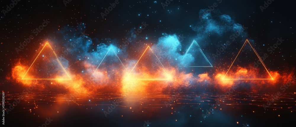 Poster abstract cosmic background with glowing triangles and nebula clouds in orange and blue concept of fu