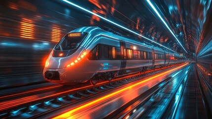 Fototapeta premium A sleek, modern smarttrain navigates a well lit urban transport tunnel. Bright lights streak past as it moves swiftly along the tracks, showcasing innovations in mobility and automation.