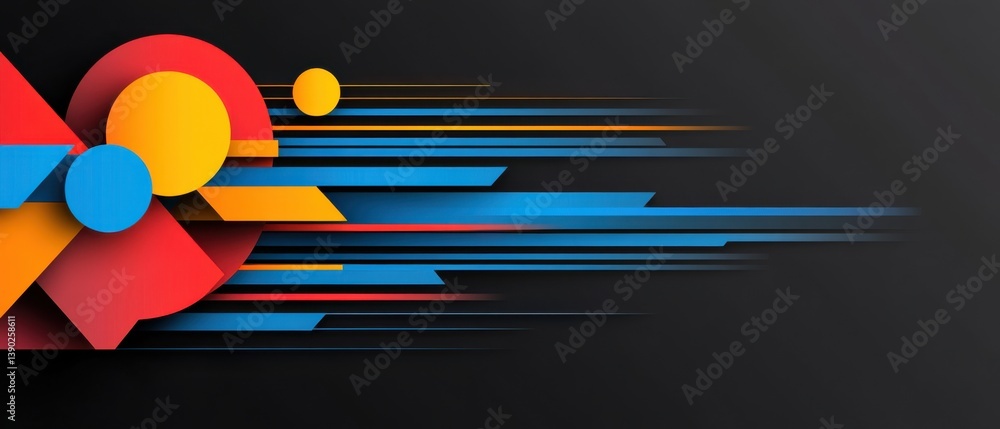 Poster modern abstract background with geometric shapes and motion lines in vibrant colors on dark backdrop