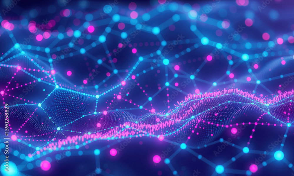 Poster vibrant abstract representation of quantum data visualization featuring interconnected nodes and flo