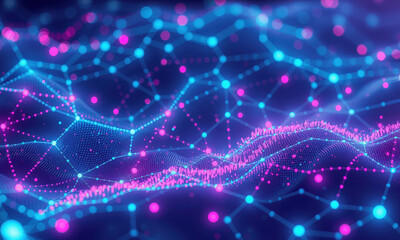 Obraz premium vibrant abstract representation of quantum data visualization featuring interconnected nodes and flowing lines in shades of blue, pink, and purple, evoking sense of technology and innovation
