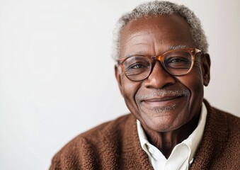 An elderly black African man in his 60s or 70s exudes health and confidence, his joyful spirit captured in a bright smile that reflects his vibrant energy.