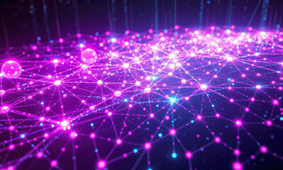 Fototapeta premium vibrant digital network visualization featuring interconnected nodes and lines in shades of pink and blue, representing data flow and quantum computing concepts