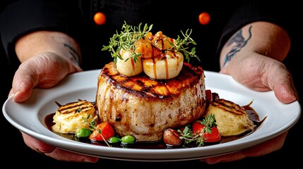 Chef's Hands Presenting Pan Seared Pork Chop with Scallops and Creamy Polenta