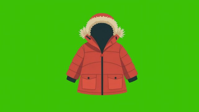 Red padded winter parka with fur hood shown in flat design style on vibrant green background, representing cold weather fashion concept