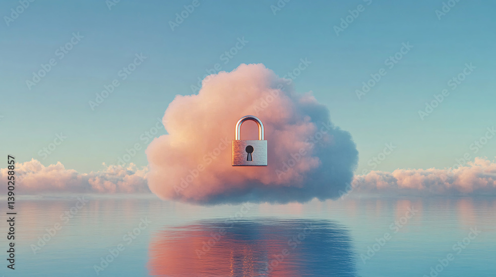 Poster digital lock suspended above soft cloud icon illustrating data security