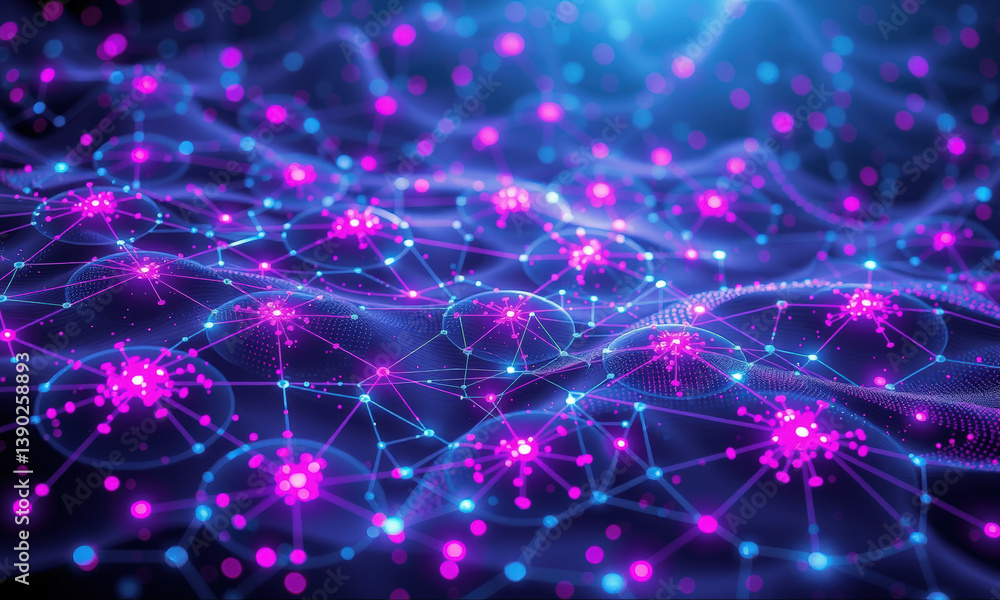 Poster vibrant digital network visualization featuring interconnected nodes and glowing particles shades of