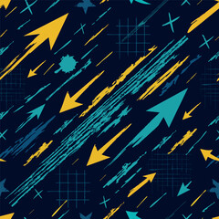Seamless vector pattern featuring blue and yellow arrows, mesh background, grunge textures and star elements. Perfect for streetwear, teen boys fashion and energetic graphic design.