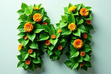 Letter M composed of vibrant green leafy plants adorned with orange and yellow flowers, Nature,  Colorful