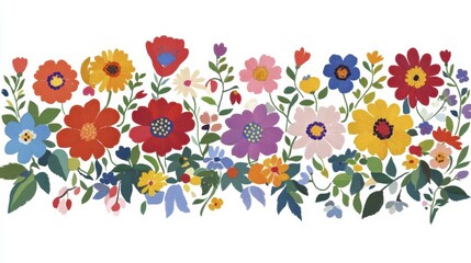 Colorful Folk Flower Border Arrangement on White Background